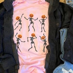 Dancing Pumpkin Skeleton Graphic Tee - Pink - NEW WITH TAGS